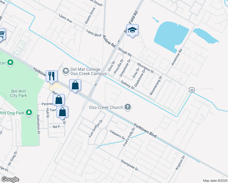 map of restaurants, bars, coffee shops, grocery stores, and more near 4222 Airline Road in Corpus Christi