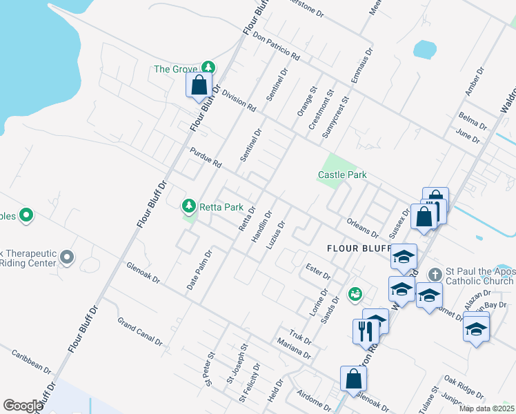 map of restaurants, bars, coffee shops, grocery stores, and more near 2330 Handlin Drive in Corpus Christi