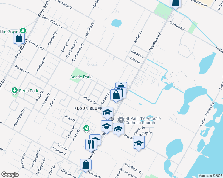 map of restaurants, bars, coffee shops, grocery stores, and more near 2049 Amber Drive in Corpus Christi