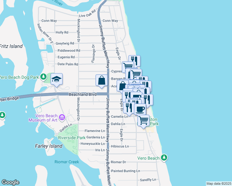 map of restaurants, bars, coffee shops, grocery stores, and more near 755 Beachland Blvd in Vero Beach