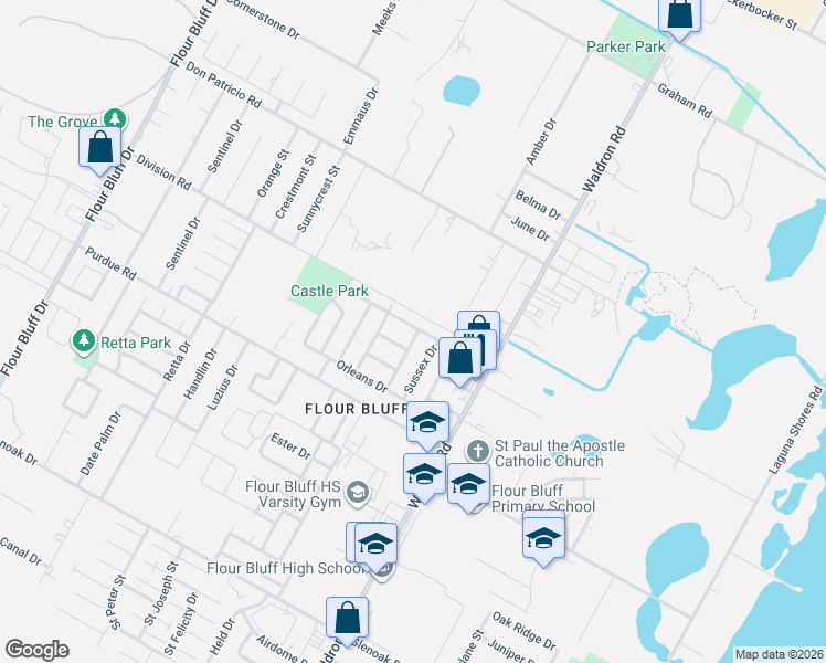 map of restaurants, bars, coffee shops, grocery stores, and more near 748 Alhambra Drive in Corpus Christi