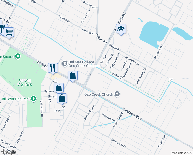 map of restaurants, bars, coffee shops, grocery stores, and more near 4121 Midlands Street in Corpus Christi