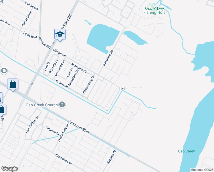 map of restaurants, bars, coffee shops, grocery stores, and more near 3801 Woodhouse Lane in Corpus Christi