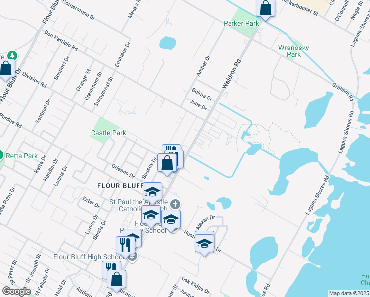 map of restaurants, bars, coffee shops, grocery stores, and more near 2012 Waldron Road in Corpus Christi
