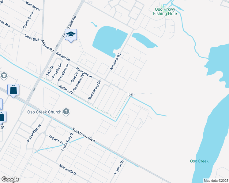map of restaurants, bars, coffee shops, grocery stores, and more near 3801 Woodhouse Lane in Corpus Christi