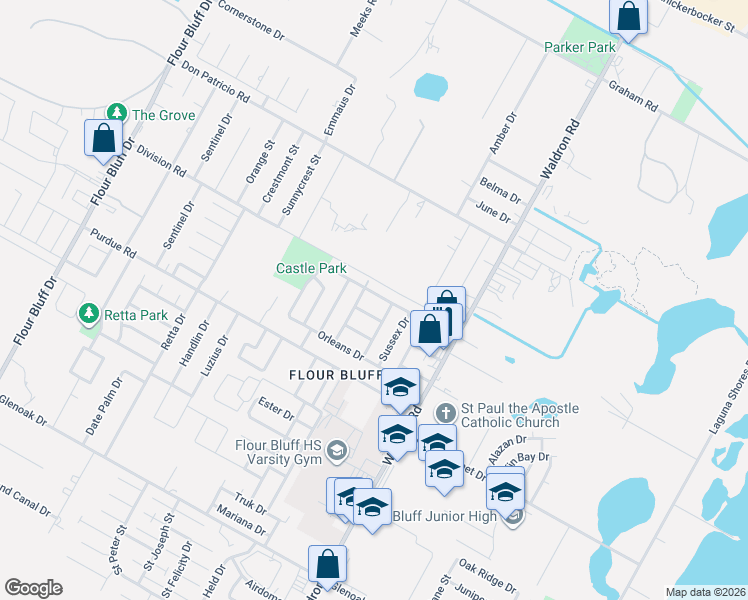 map of restaurants, bars, coffee shops, grocery stores, and more near 748 Alhambra Drive in Corpus Christi