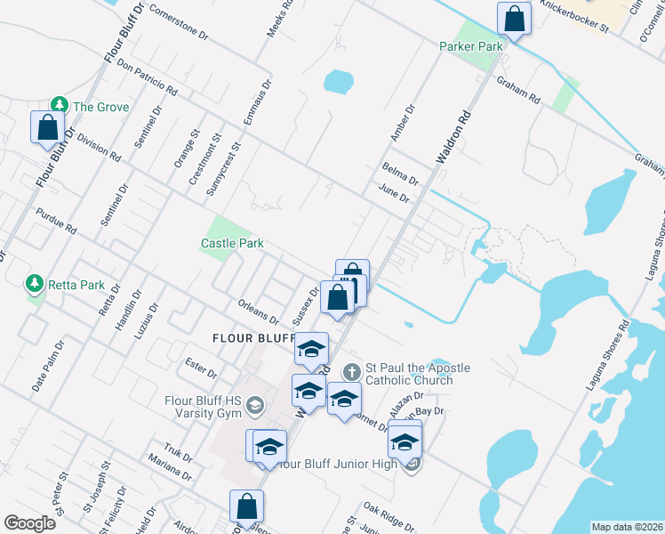 map of restaurants, bars, coffee shops, grocery stores, and more near 2049 Amber Drive in Corpus Christi