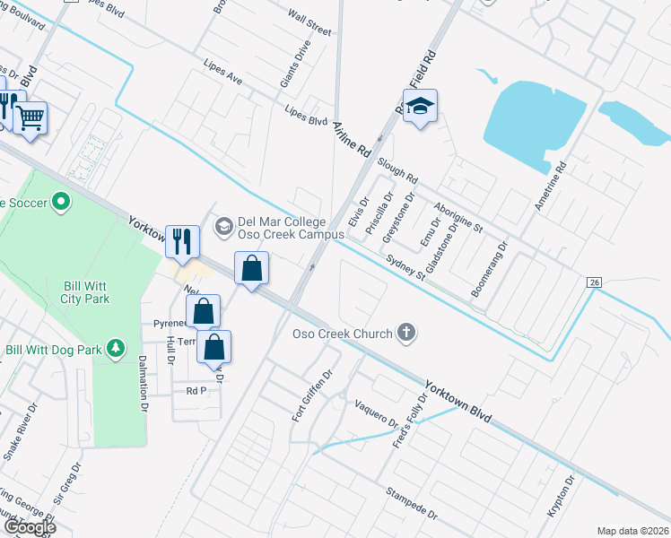 map of restaurants, bars, coffee shops, grocery stores, and more near 4109 Midlands Street in Corpus Christi