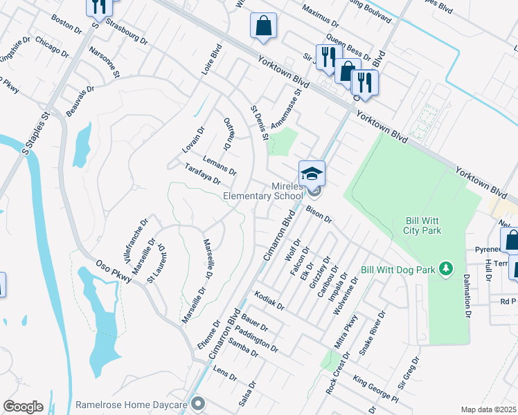 map of restaurants, bars, coffee shops, grocery stores, and more near 7825 Etienne Drive in Corpus Christi