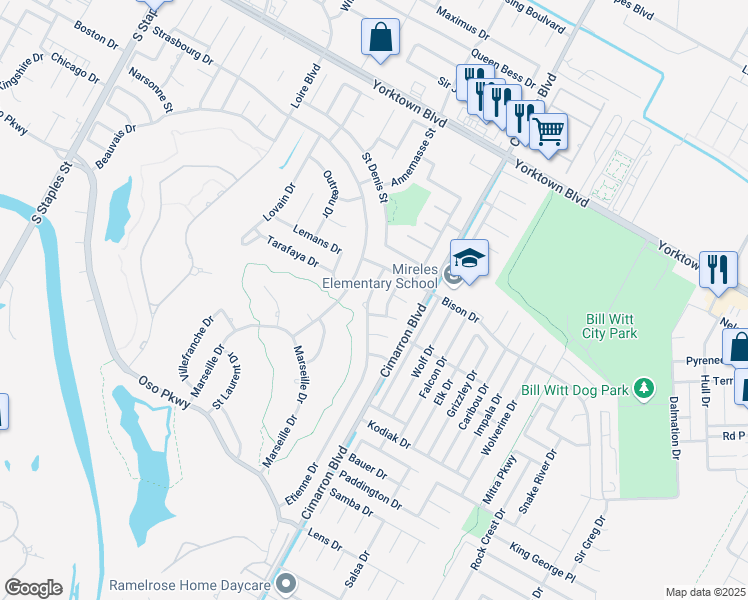 map of restaurants, bars, coffee shops, grocery stores, and more near 7825 Etienne Drive in Corpus Christi