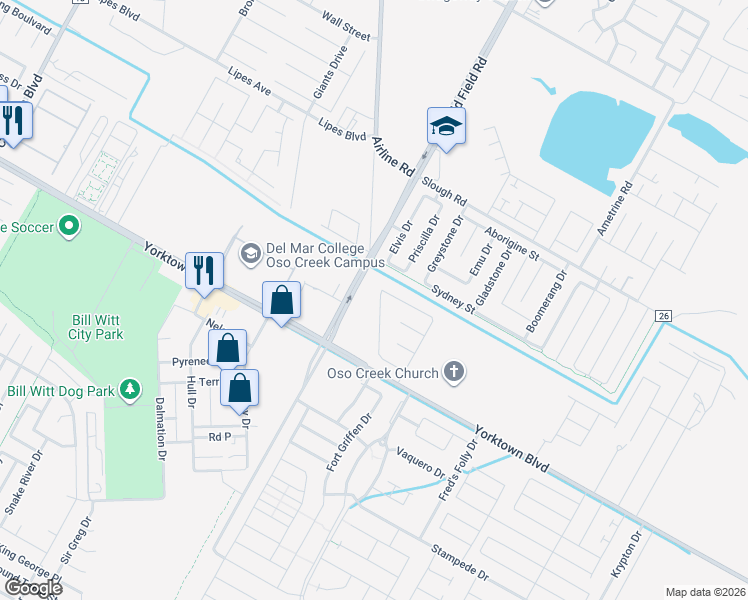 map of restaurants, bars, coffee shops, grocery stores, and more near 4121 Midlands Street in Corpus Christi