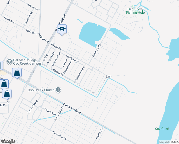 map of restaurants, bars, coffee shops, grocery stores, and more near 3813 Fred's Folly Drive in Corpus Christi