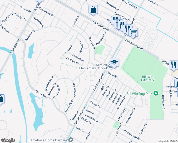 map of restaurants, bars, coffee shops, grocery stores, and more near 7825 Etienne Drive in Corpus Christi