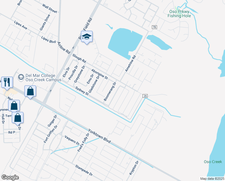 map of restaurants, bars, coffee shops, grocery stores, and more near 3830 Boomerang Drive in Corpus Christi