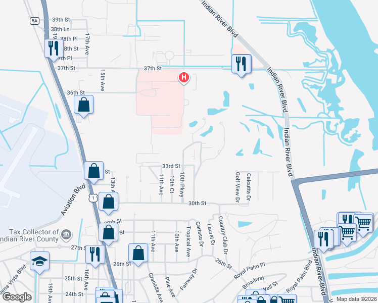 map of restaurants, bars, coffee shops, grocery stores, and more near 1006 33rd Street in Vero Beach