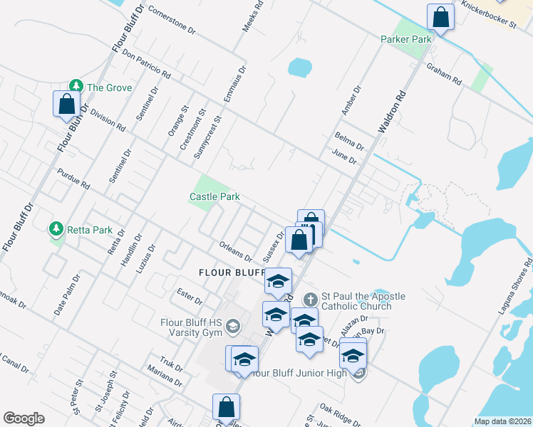 map of restaurants, bars, coffee shops, grocery stores, and more near 748 Alhambra Drive in Corpus Christi