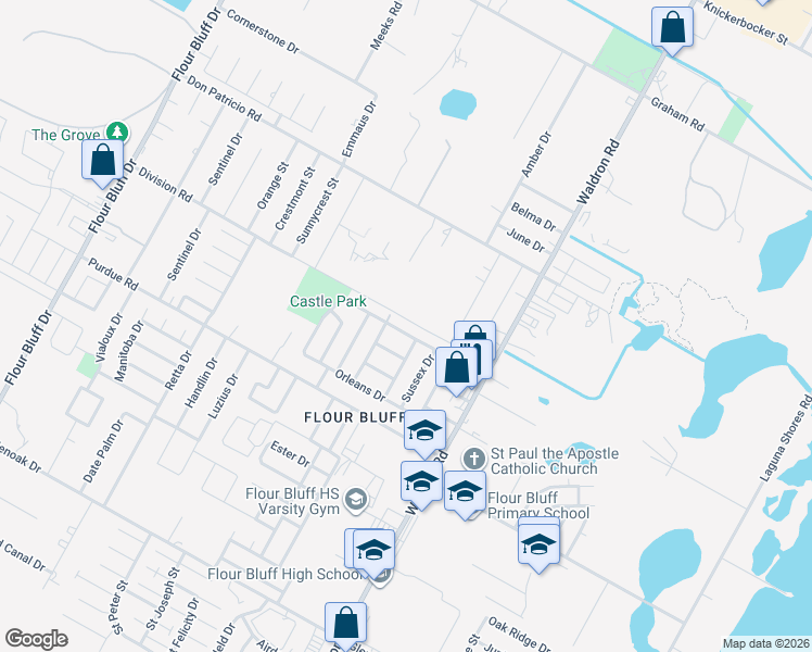 map of restaurants, bars, coffee shops, grocery stores, and more near 748 Alhambra Drive in Corpus Christi