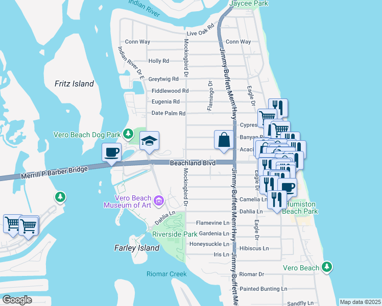 map of restaurants, bars, coffee shops, grocery stores, and more near 500 Acacia Road in Vero Beach
