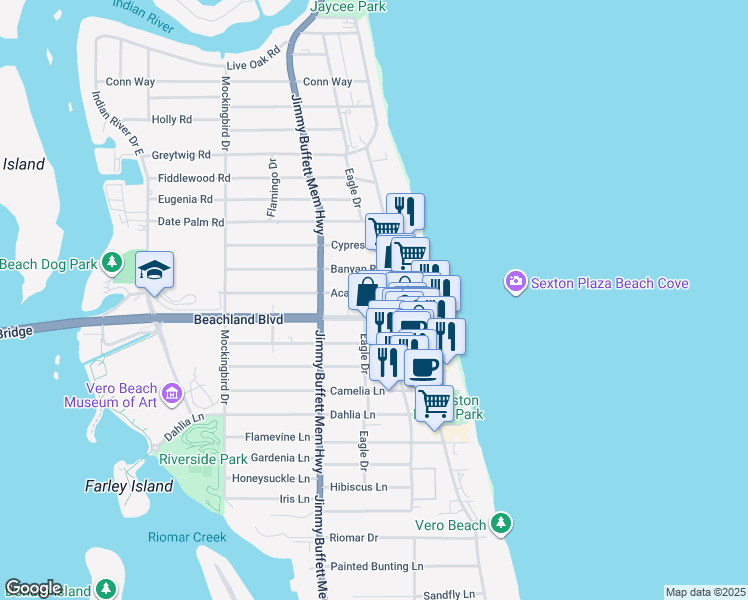 map of restaurants, bars, coffee shops, grocery stores, and more near 830 Acacia Road in Vero Beach