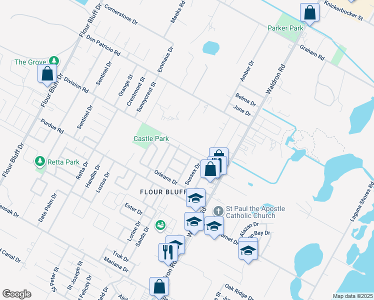 map of restaurants, bars, coffee shops, grocery stores, and more near 744 Alhambra Drive in Corpus Christi