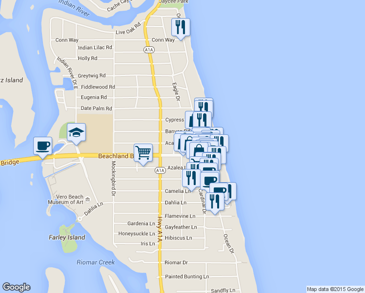 map of restaurants, bars, coffee shops, grocery stores, and more near 830 Acacia Road in Vero Beach