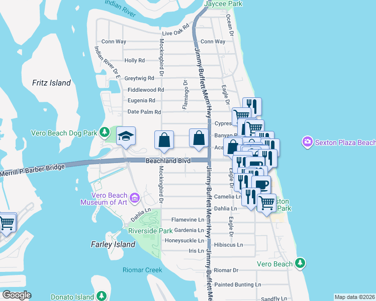 map of restaurants, bars, coffee shops, grocery stores, and more near 608 Acacia Road in Vero Beach