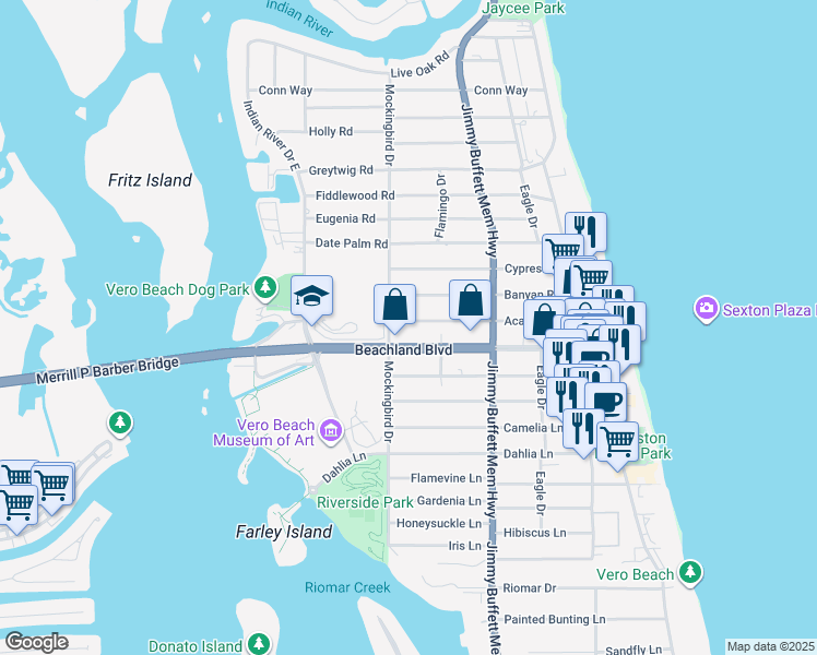 map of restaurants, bars, coffee shops, grocery stores, and more near 500 Acacia Road in Vero Beach
