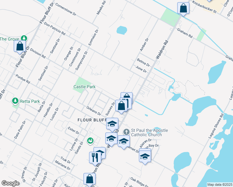 map of restaurants, bars, coffee shops, grocery stores, and more near 2049 Amber Drive in Corpus Christi