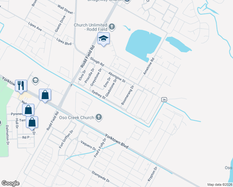 map of restaurants, bars, coffee shops, grocery stores, and more near 3906 Eucalyptus Drive in Corpus Christi