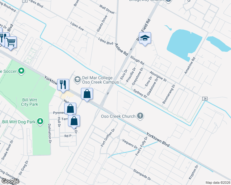 map of restaurants, bars, coffee shops, grocery stores, and more near 4109 Midlands Street in Corpus Christi
