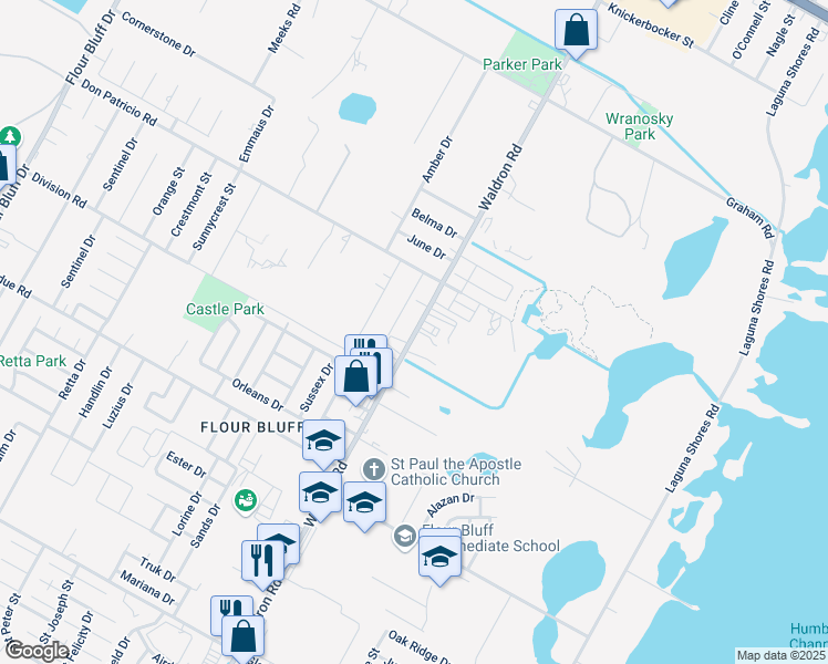 map of restaurants, bars, coffee shops, grocery stores, and more near 2012 Waldron Road in Corpus Christi