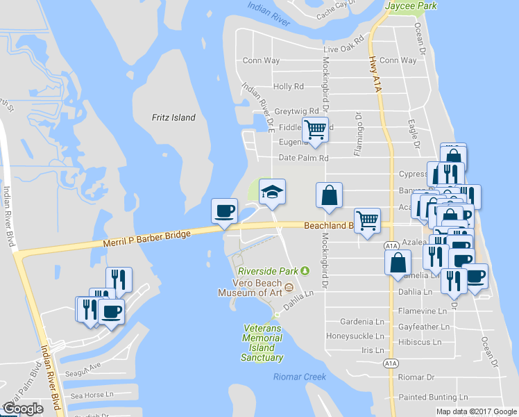 map of restaurants, bars, coffee shops, grocery stores, and more near 3301 Bridge Plaza Drive in Vero Beach
