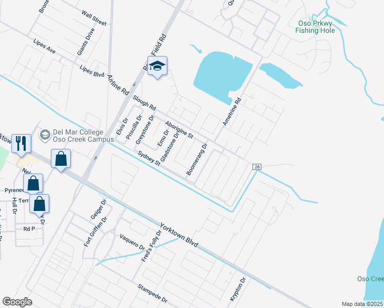 map of restaurants, bars, coffee shops, grocery stores, and more near 3830 Boomerang Drive in Corpus Christi