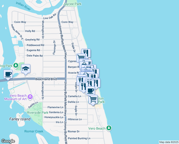 map of restaurants, bars, coffee shops, grocery stores, and more near 3384 Ocean Drive in Vero Beach