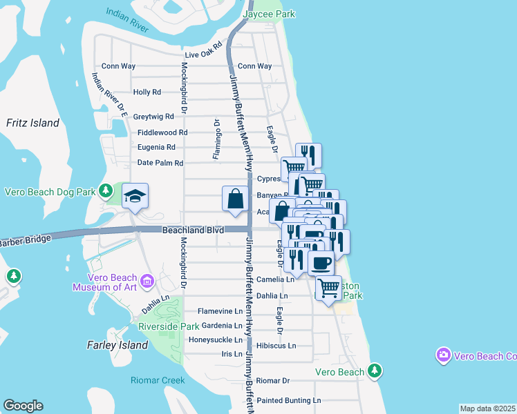 map of restaurants, bars, coffee shops, grocery stores, and more near 755 Beachland Boulevard in Vero Beach