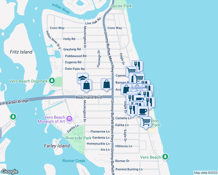 map of restaurants, bars, coffee shops, grocery stores, and more near 669 Acacia Road in Vero Beach