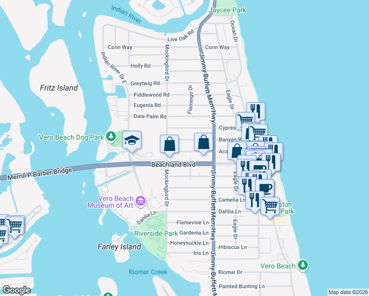 map of restaurants, bars, coffee shops, grocery stores, and more near 608 Acacia Road in Vero Beach