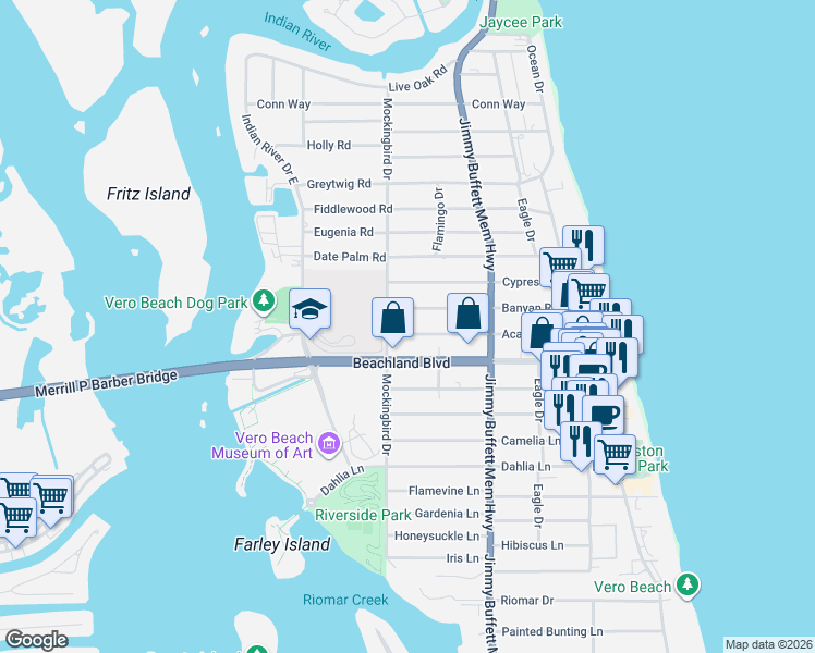 map of restaurants, bars, coffee shops, grocery stores, and more near 500 Acacia Road in Vero Beach