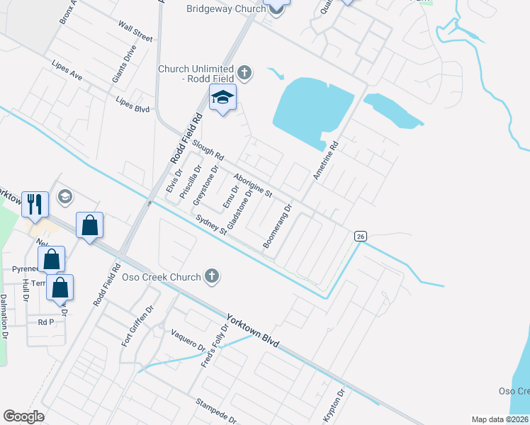 map of restaurants, bars, coffee shops, grocery stores, and more near 3906 Eucalyptus Drive in Corpus Christi