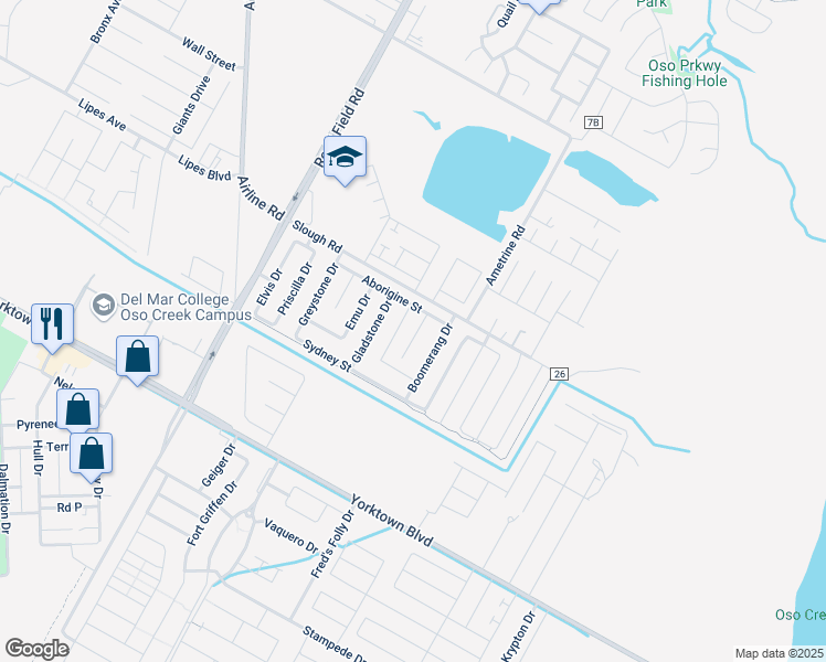 map of restaurants, bars, coffee shops, grocery stores, and more near 3805 Eucalyptus Drive in Corpus Christi