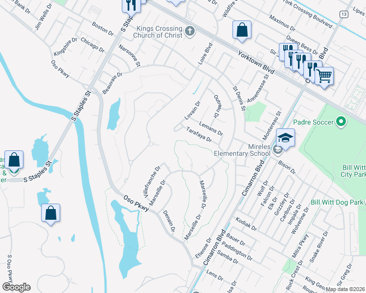 map of restaurants, bars, coffee shops, grocery stores, and more near 6041 Tarafaya Drive in Corpus Christi