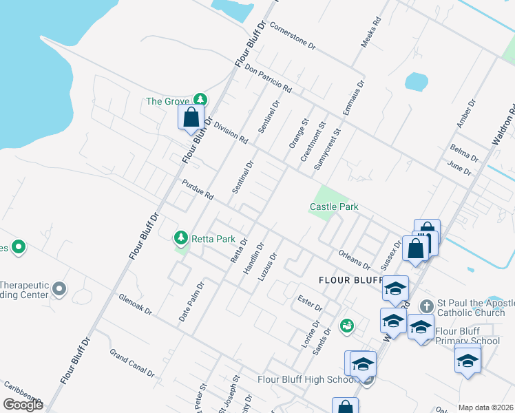 map of restaurants, bars, coffee shops, grocery stores, and more near 1114 Fallow Lane in Corpus Christi