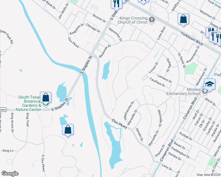 map of restaurants, bars, coffee shops, grocery stores, and more near 17 West Bar-Le-Doc Drive in Corpus Christi