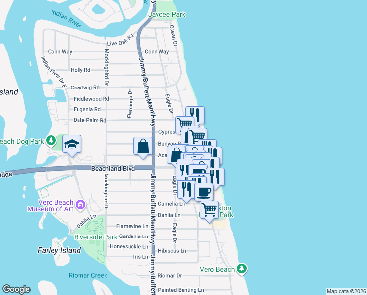 map of restaurants, bars, coffee shops, grocery stores, and more near 825 Banyan Road in Vero Beach