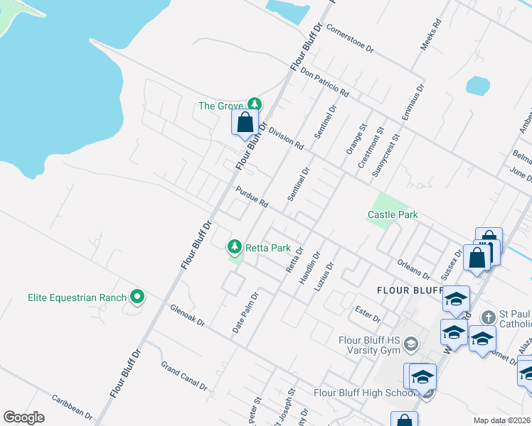 map of restaurants, bars, coffee shops, grocery stores, and more near 2301 Vialoux Drive in Corpus Christi