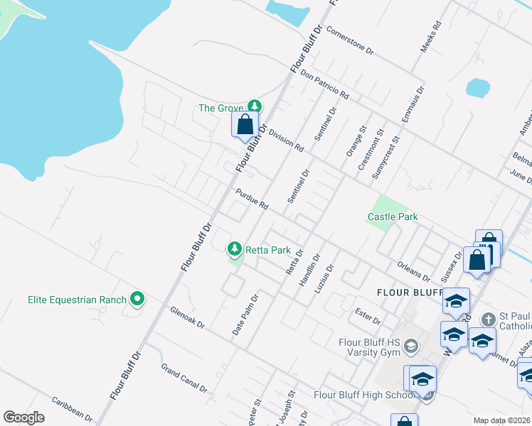 map of restaurants, bars, coffee shops, grocery stores, and more near 2301 Vialoux Drive in Corpus Christi
