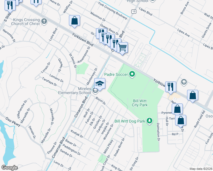 map of restaurants, bars, coffee shops, grocery stores, and more near 6530 PurpleWing Drive in Corpus Christi