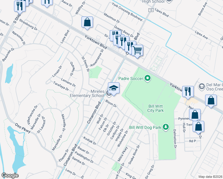 map of restaurants, bars, coffee shops, grocery stores, and more near 6518 Malachite Drive in Corpus Christi