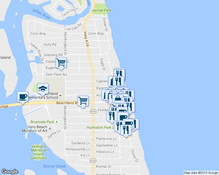 map of restaurants, bars, coffee shops, grocery stores, and more near 825 Banyan Road in Vero Beach