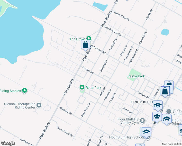 map of restaurants, bars, coffee shops, grocery stores, and more near 2301 Vialoux Drive in Corpus Christi